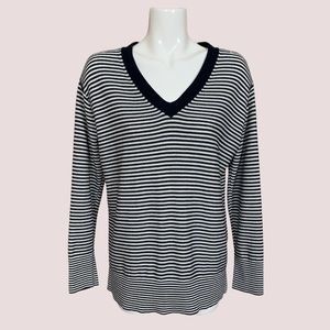 Tommy Hilfiger Navy Blue White Striped V Neck Knit Cotton Sweater Large